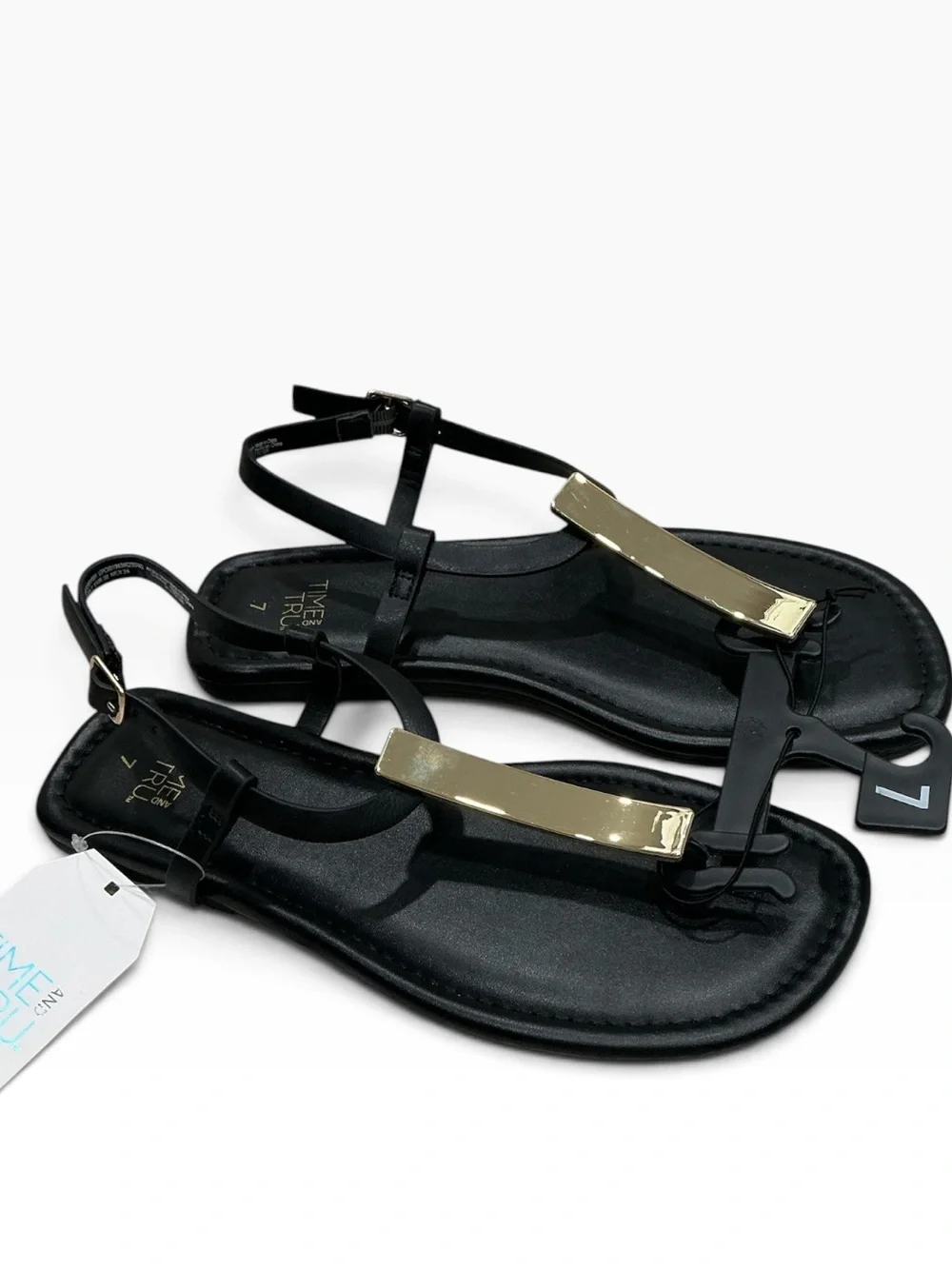 Time and Tru Women’s T-Strap Thong Sandals Black Gold Hardware Size 7
